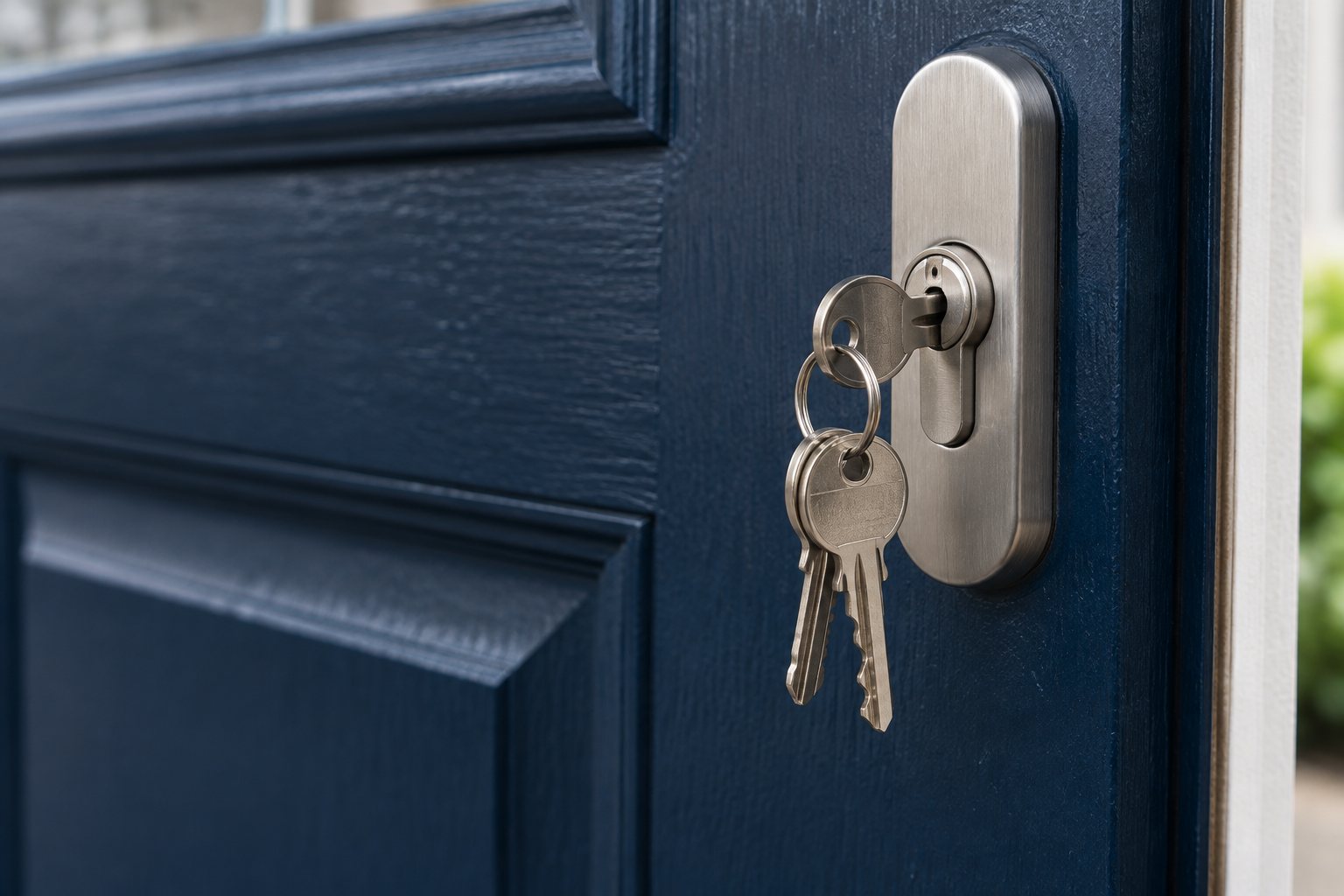 Steel door cylinder and keys on a blue residential door